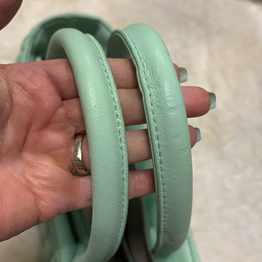 Ecostitch vegan leather Mint Grn puffy woven Tote top handles cross body strap